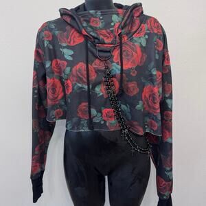 Current Mood Cropped Hoodie Women’s M Dark Floral Cross Beaded Chains Whimsigoth